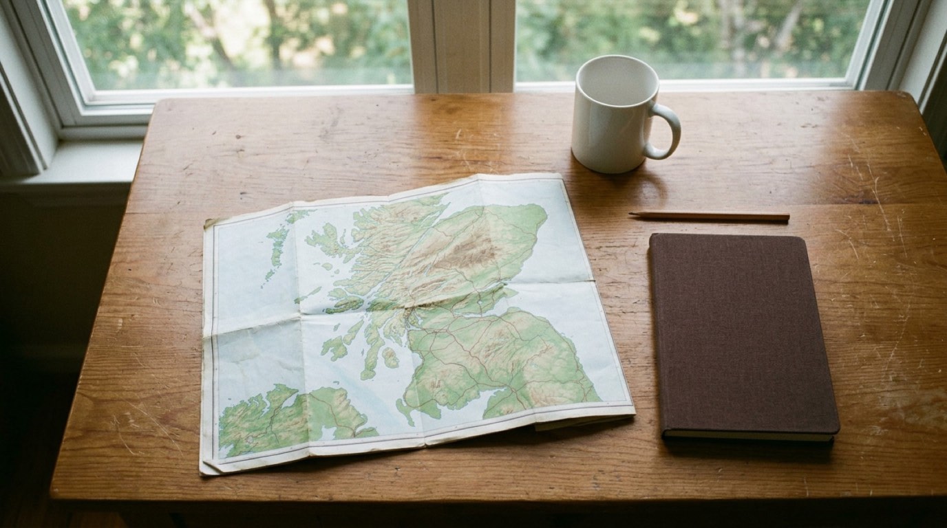 A tidy wooden desk by a window with an open paper map, a notebook and a cup, photographed from above in soft daylight, with nobody present