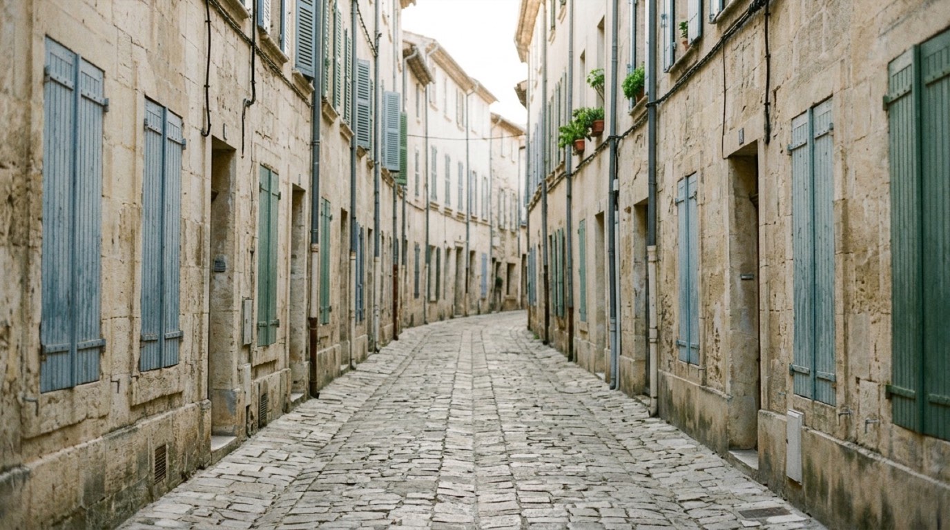 A narrow European old town street of pale stone buildings with shuttered windows and worn paving, empty of people in early morning light