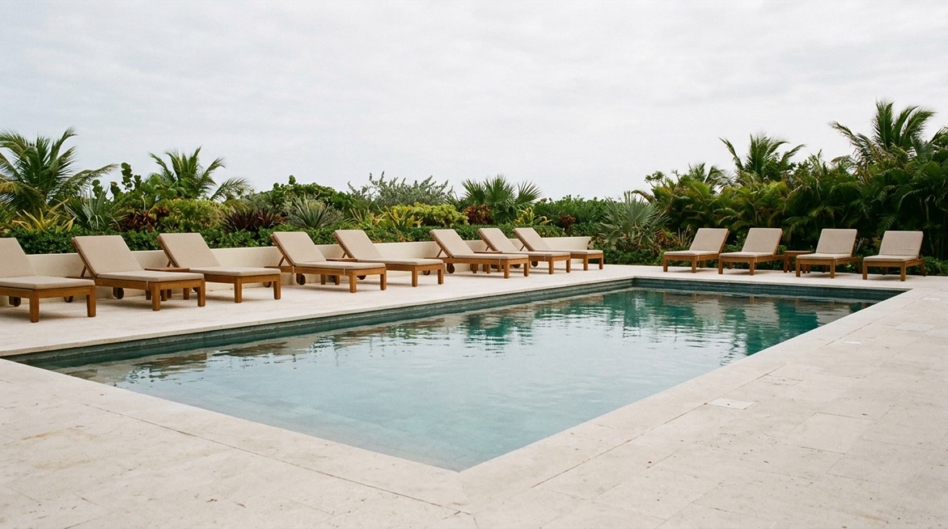 A resort swimming pool at a quiet hour, with empty loungers, low planting and still water reflecting an overcast sky, and nobody in the frame