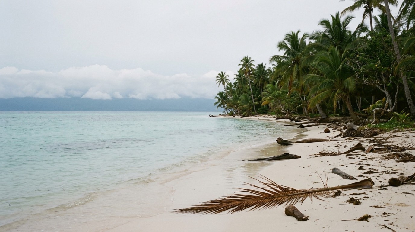 A quiet tropical shoreline in flat morning light: pale sand, shallow turquoise water and a line of palms, with nobody on the beach