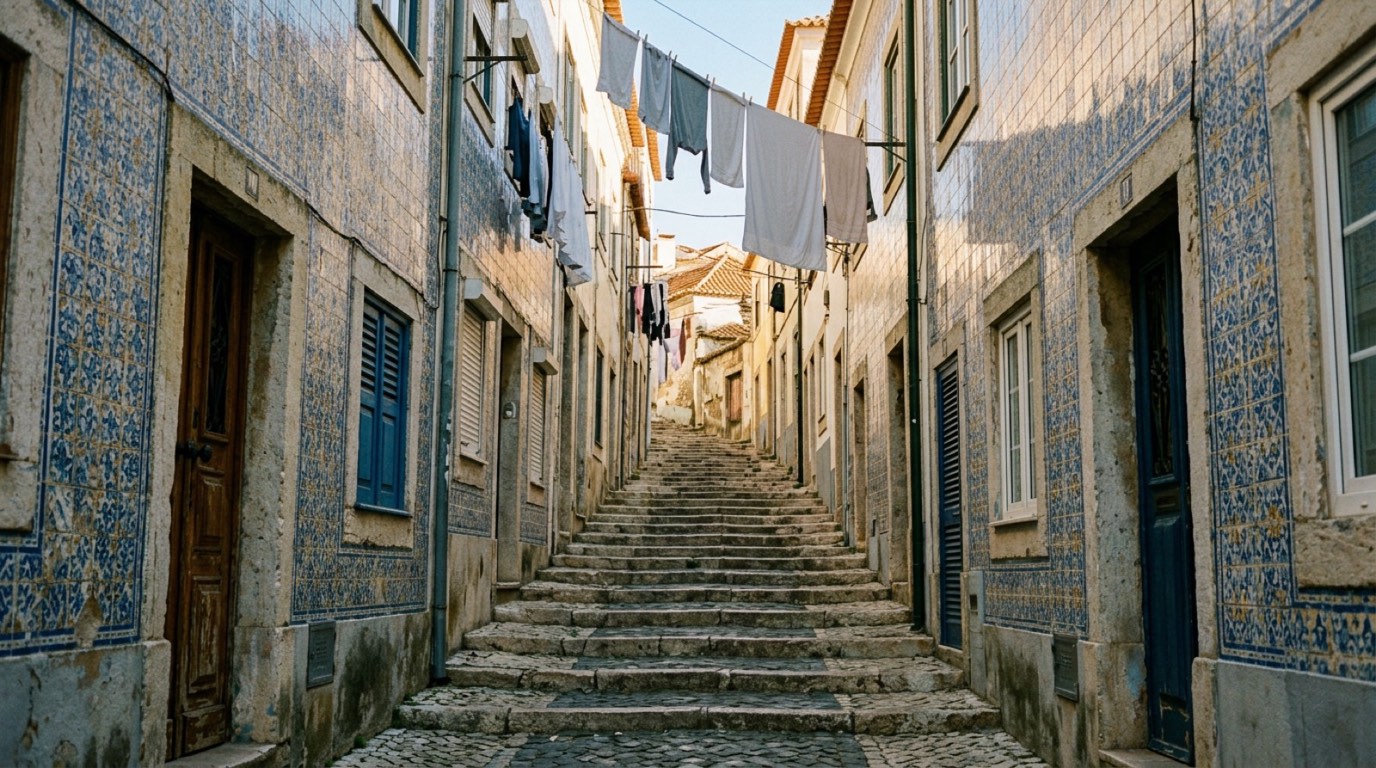 A steep street of tiled house fronts in a southern European hill town, with washing lines, shallow steps and warm afternoon light, and nobody about